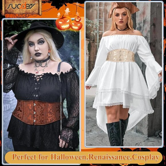 Women's Jacquard Corset Belt Lace Up Bustier Waspie Belt Renaissance White Beige - Picture 5 of 7